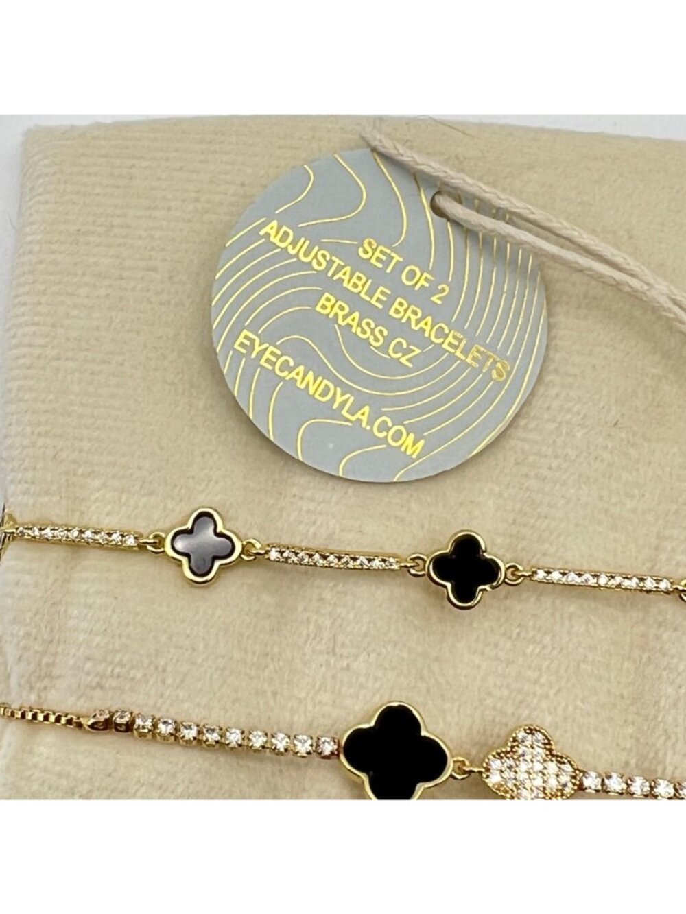 Set 2 Adjustable Gold-Tone Bracelets Black Clover Charms CZ Accents Eyecandy LA - Picture 5 of 9